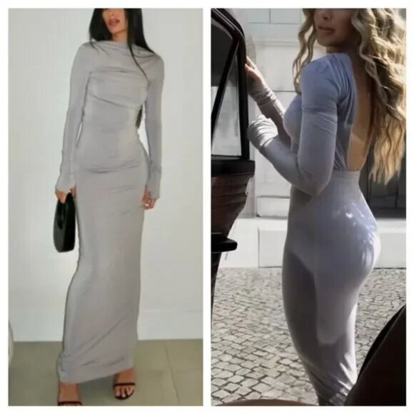 NWT Helsa Gray Jersey Backless Maxi Dress Long Sleeve size L - Picture 2 of 10